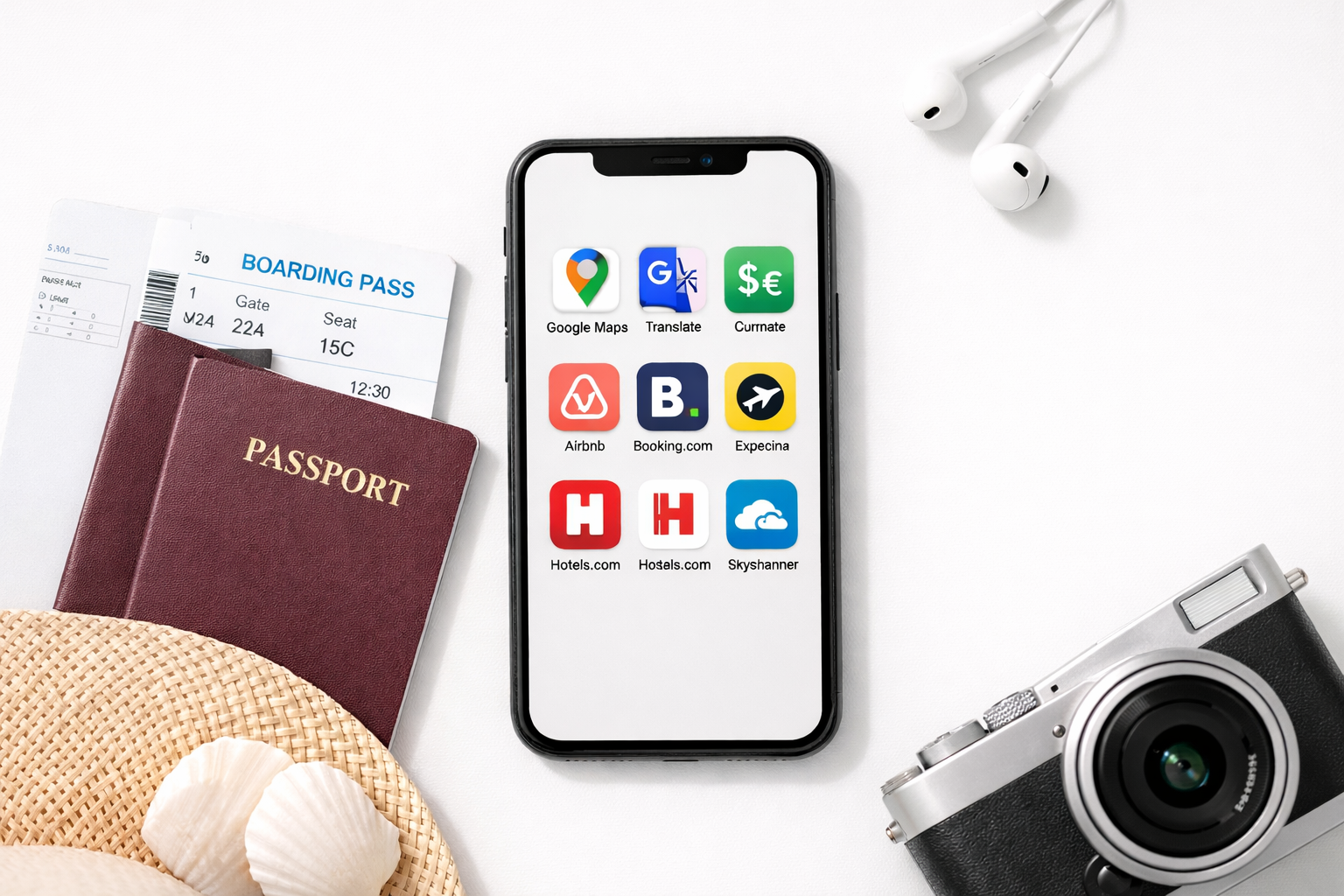 Collage de pantallas de móvil mostrando apps de viaje: traductor, mapas, conversor de divisas y otras herramientas de viajero